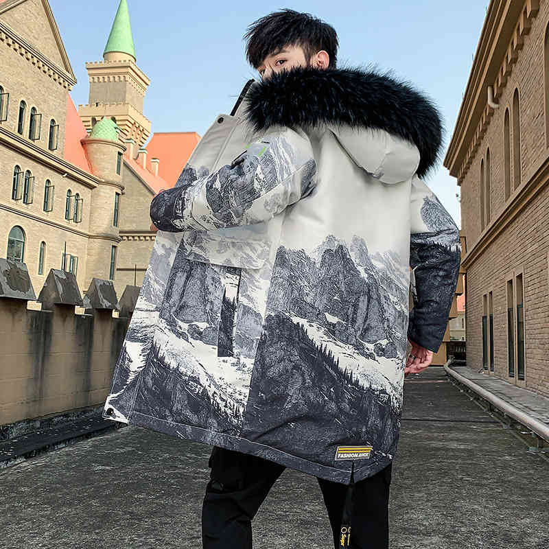 

2021 winter new work men's medium and long hooded black thick coat fashion cotton padded cloth