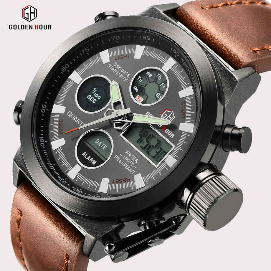 

GOLDENHOUR Top Brand Luxury Man Quartz Watches Sport Army Military Waterproof Men Wristwatch Led Display Watch Relogio Masculino 210517, Silver