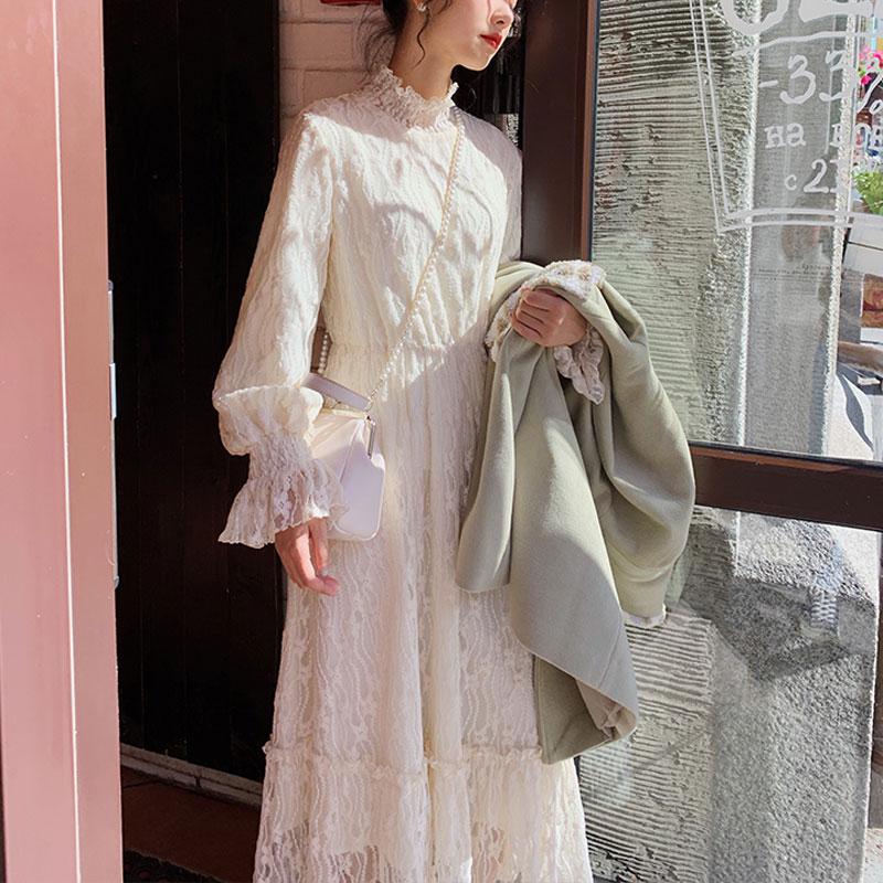 

Casual Dresses Women's French Retro First Love Lace White Dress Female Fairy Temperament Spring Autumn Bottom Long 2021, Beige