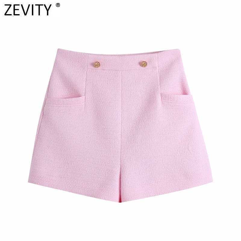 

Zevity Women Fashion Button Decoration Pink Tweed Woolen Shorts Femme Streetwear Chic Side Zipper Pantalone Cortos P1019 210603, As pic p1019bb