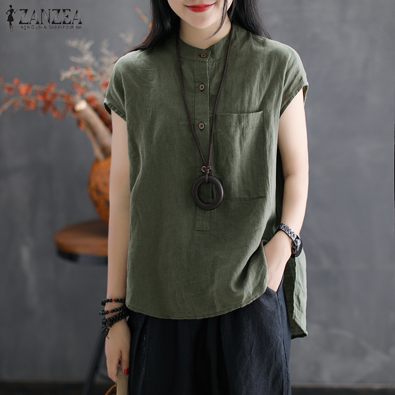 

2021 ZANZEA Women Summer Blouse Work OL Blusas Solid Cotton Linen Shirt Casual Short Sleeve Tops Camisas Mujer Plus Size Blouse, Army green