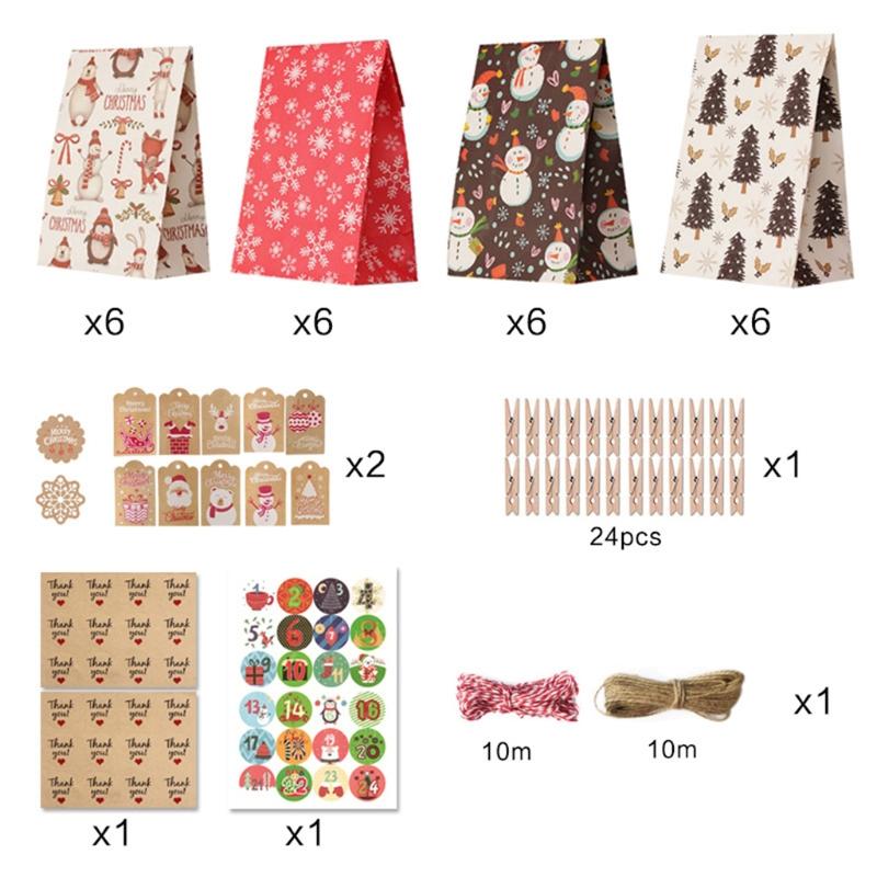 

Christmas Decorations Advent Calendar Bags Calendars Filling Candy Gift Paper Bag DIY 24 Days Countdown With Stickers Tags Clips