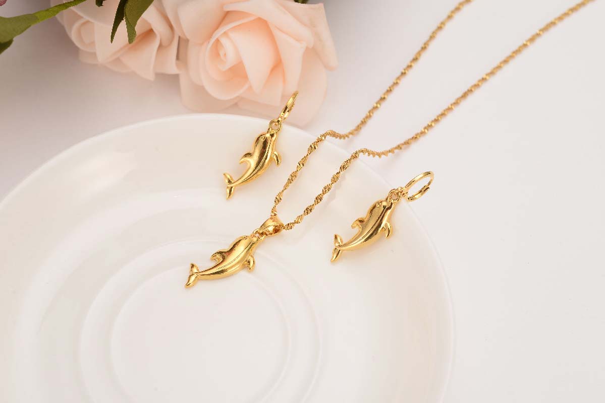 9 k Solid Yellow G/F Gold Cute Dolphin Beautiful Pendant Necklaces and Earrings Mermaid Papua Guinea Jewelry Party Gifts-image-676008327