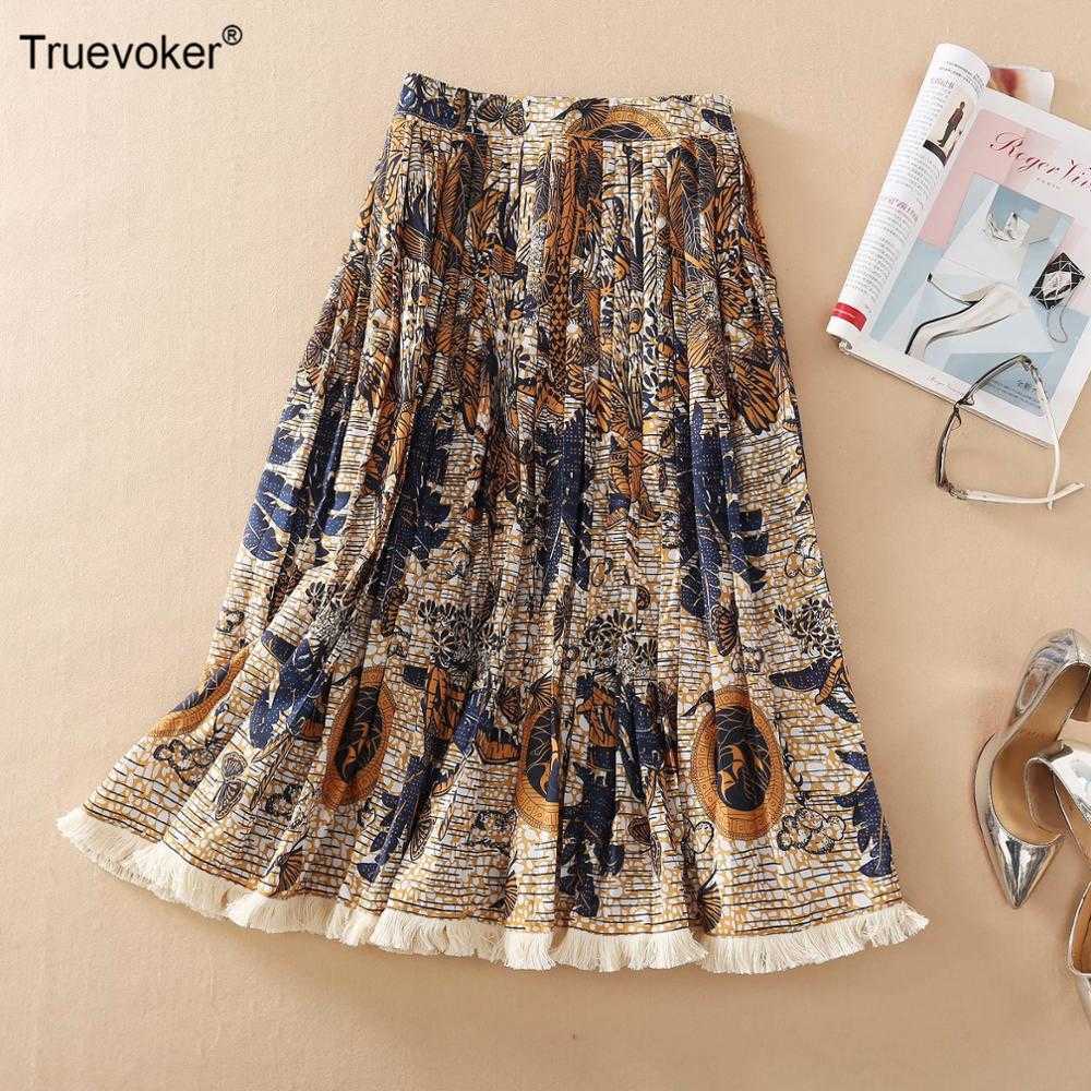 

Truevoker European Runway Fashion Skirt Women's High End Vintage Ethnic Print Midi Holiday Tassel 210602, Khaki