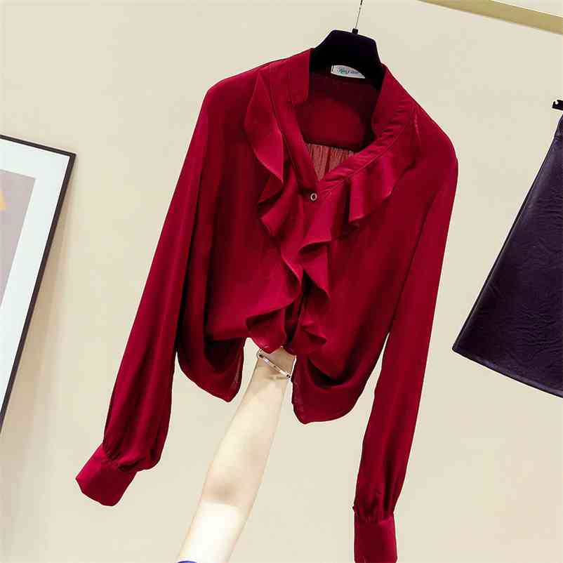 

Autumn Women' V Neck Ruffles Long Sleeves Shirt Ladies Female All-match Casual Chiffon Shirts Blouse Tops A3705 210519, Burgundy