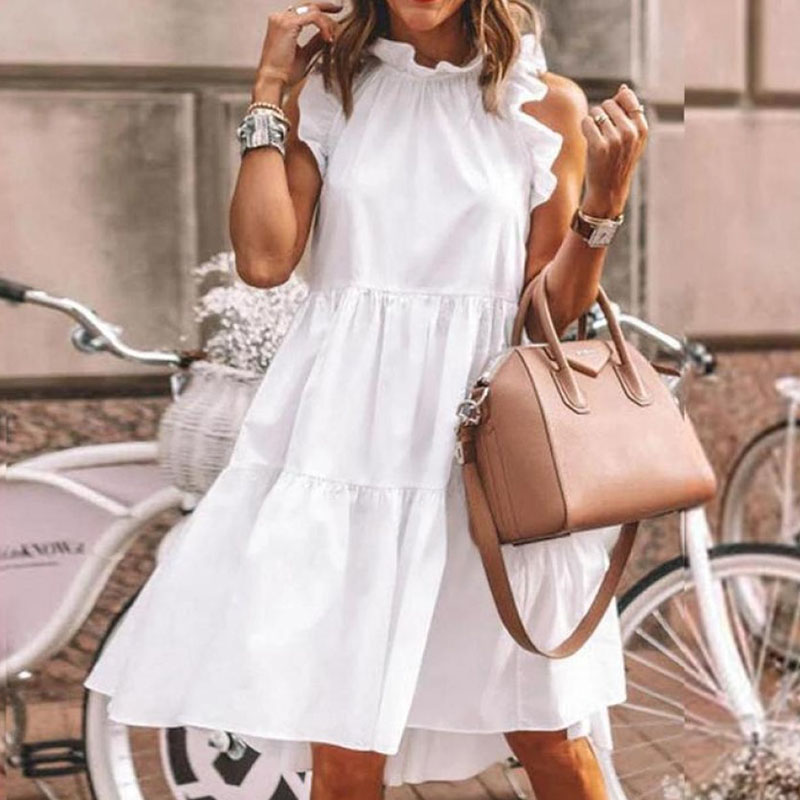 Vintage Women Sleeveless Ruffles Dress Summer O Neck Floral Printed Mini Dresses Ladies Loose Beach Dresses Vestidos-image-701359443