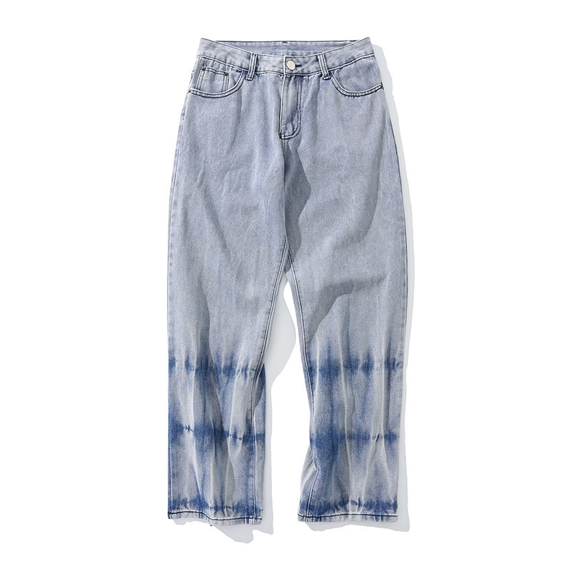 

Tie Dye Washed Light Blue Jeans Men and Women Straight Loose Casual Denim Trousers High Street Retro Jean Pants, Black