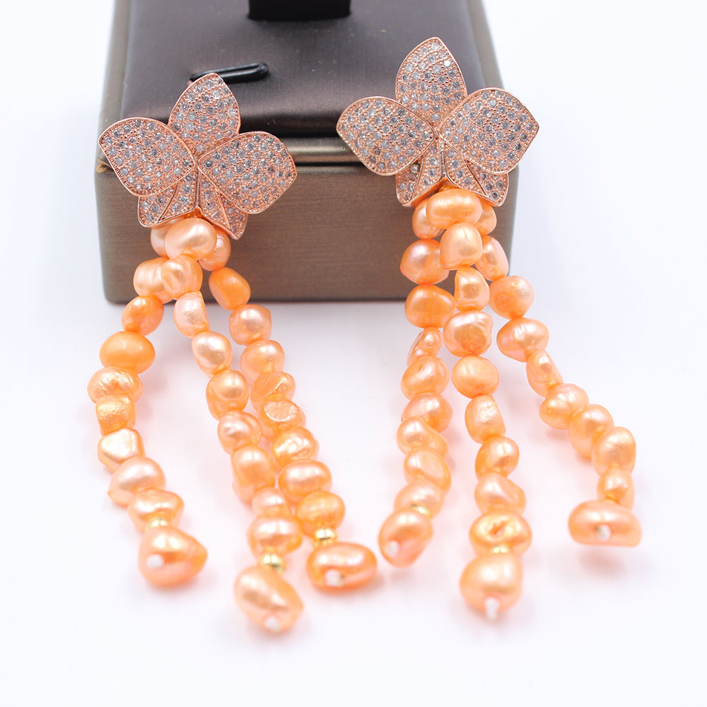 

GuaiGuai Jewelry Natural Pink Pearl CZ Pave Flower Earrings For Women Lady Jewelry Gift