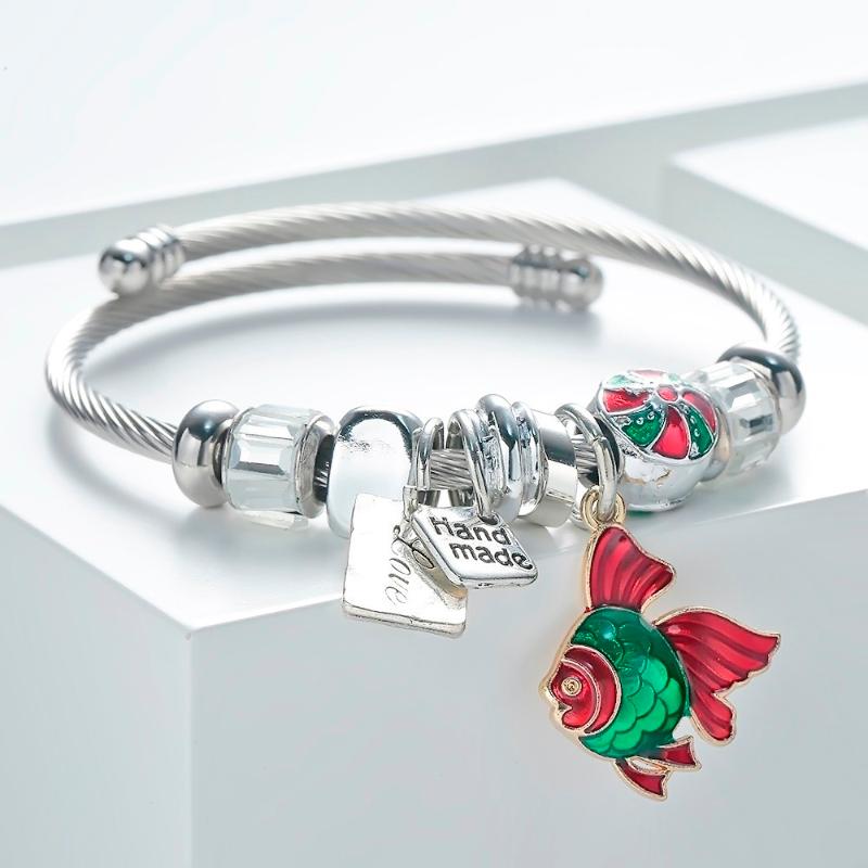 

Bangle Silver Cuff Bracelets For Women Trendy Goldfish Charm Bracelet & Crystal Beaded Pulseras Fashion Accessories Jewelry 2021