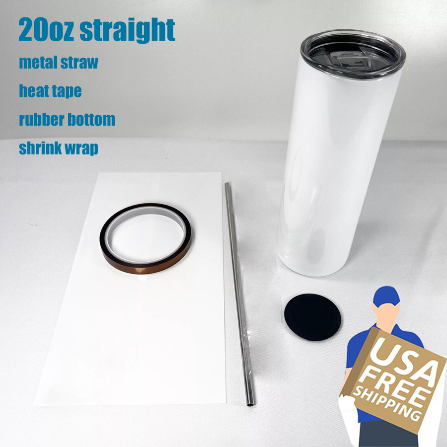 

US warehouse 20oz Sublimation Straight Tumbler Metal straw and Rubber Bottom Heat Tape Shrink Wrap Beginner Set, 20oz white sublimation straight tumbler