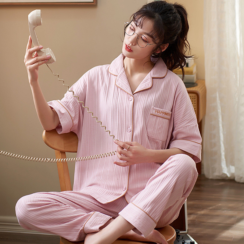 Women&#039;s Sleepwear Pijamas De Mujer Full Cotton Short Sleeve Lapel Set Comfortable Home Clothes Plus Size Pyjamas Women M-3XL 8ZBO-image-699277241