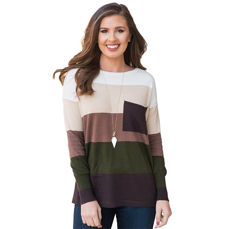 

Knitted Sweater Women Long Sleeve Stripe O Neck Classic Pullovers Autumn Sweater Women Winter Tops 210518, Blue