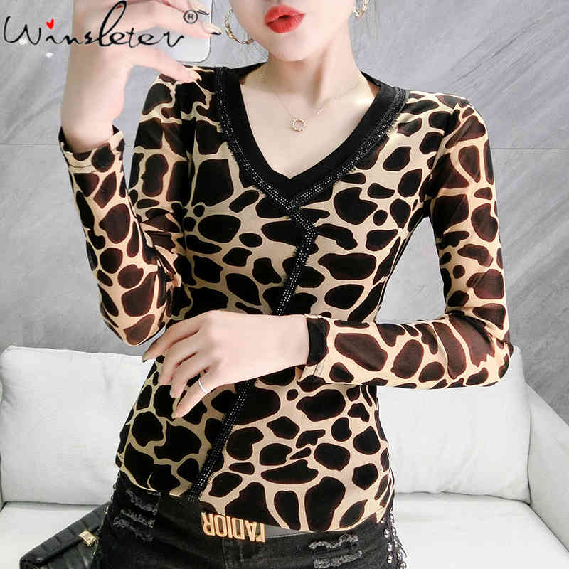 

Women's T-Shirt Spring Fall Korean Style Girls Print Chic Sexy V-Neck Shiny Diamonds Pathwork Women Tops Slim Tees 2021 T11701A CE, The tiger stripes