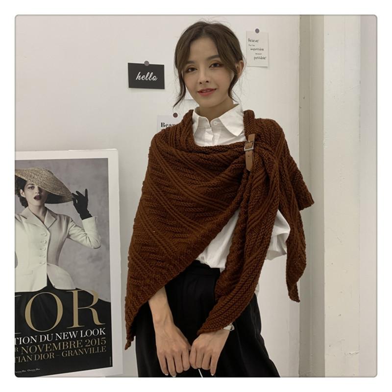 

Scarves Women's Knitted Wool Triangular Shawl Buckle Solid Color Cloak Shawls And Wrap Female Stole