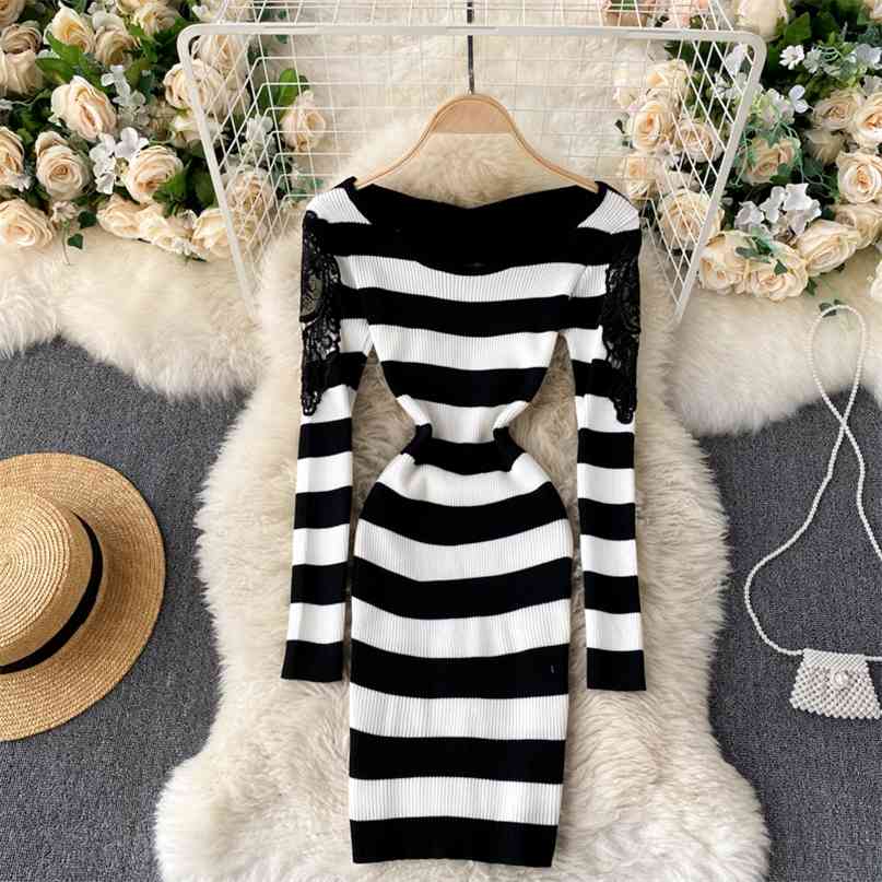 

White and Black Striped Knitting Dress Women Fashion Autumn Floral Lace Splice Long Sleeve Slim Short Party 210603