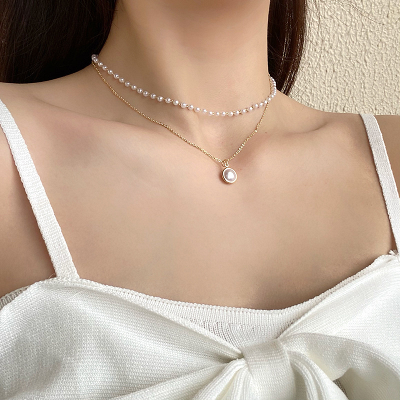 

Japan and South Korea Simple Double Pearl Pendant Necklace Women's Clavicle Chain Short Neck Strap Neck Jewelry