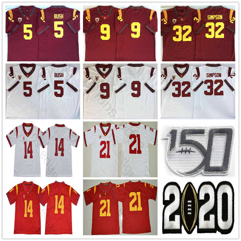 

NCAA 150th USC Trojans #5 Reggie Bush 9 Kedon Slovis 21 Jackson 14 Sam Darnold 32 OJ Simpson 43 Troy Polamalu College Football Jerseys, Black;red
