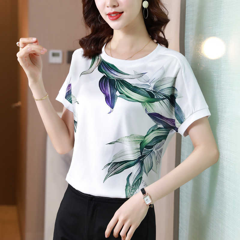 

Korean Woman Tshirts Short Regular Shirts for Women White Silk Floral T-shirt Female Summer Tops OL Clothes 210604