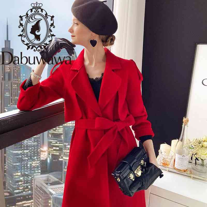 

Dabuwawa Elegant Turn-down Collar Belt Trench Wool Coat Women Autumn Solid Pocket Front Office Lady Long Outerwear DT1DLN016 210520, Red