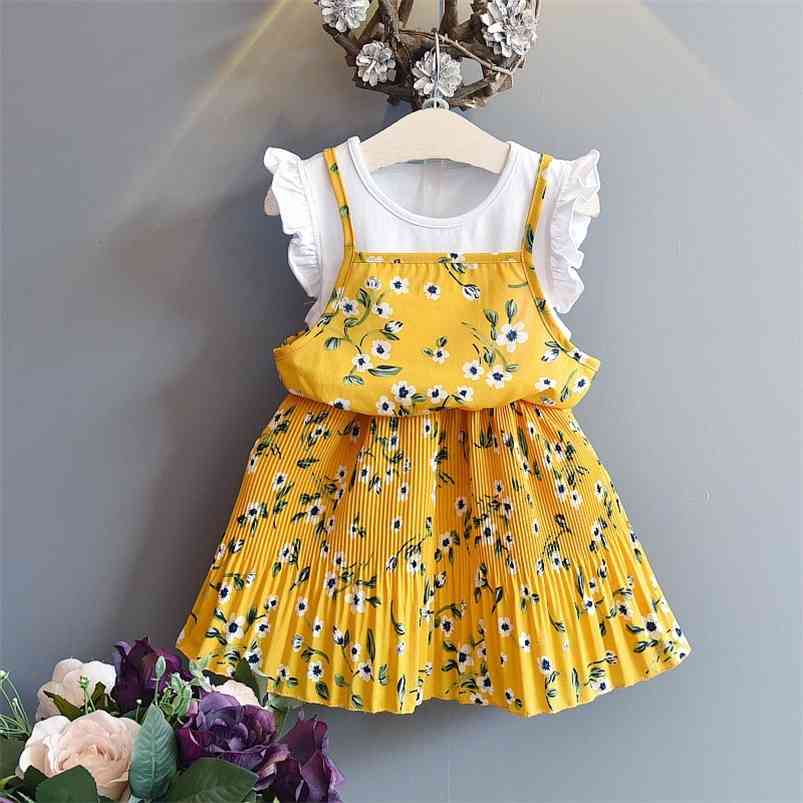 

Arrivals Summer Girls Dress Cute Fly Sleeve Print Floral Yellow Pealted Vestidos 2-7T 210629