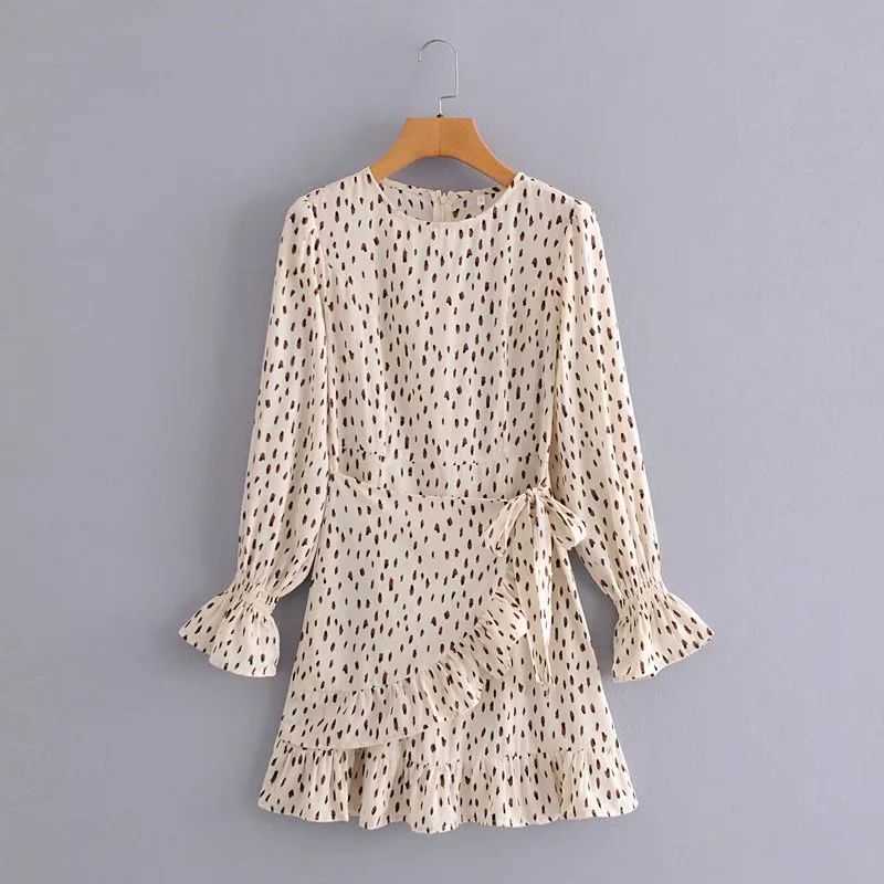 

Women Dress Printed Ruffled Hem Flare Sleeves Short dress elegant Vintage Casual Fashion Chic Lady Woman Dresses 210709, As picture