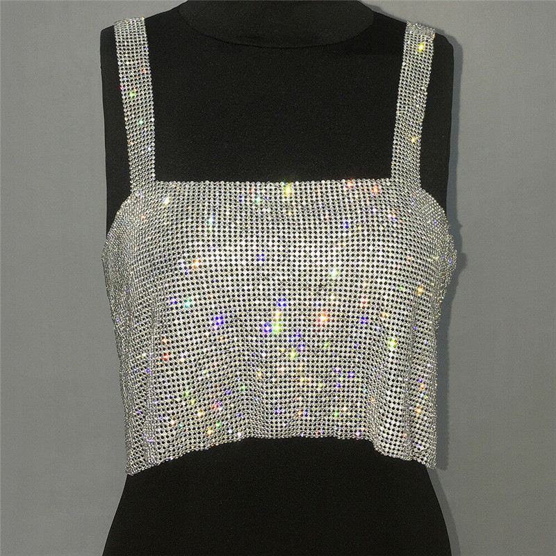 

Women Clothes Sexy Off Shoulder Ladies Strap Tank Tops Geometry Sleeveless Polyester Vest Sequins Gold Camis MG210 210525, Silver