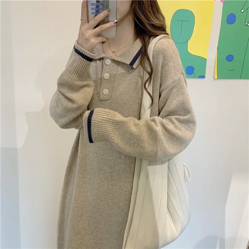 

With Coats Long Dress Over-the-knee MAO Qiu Dong Loose Thickening Warm Knitting Women Render of The 210429, Navy blue