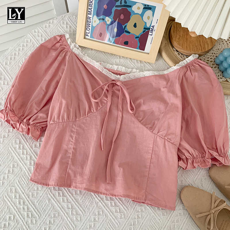 

LY VAREY LIN Summer Women Casual Puff Sleeve Solid Color Short Shirts Female Sweet V-neck Lace Up Bow High Waist Tops 210526, Yellow