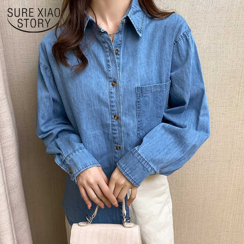 

Cotton Jeans Women Blouse Fashion Long Sleeve Cardigan Shirts Women Vintage Denim Women Tops Casual Loose Blusas 11969 210527, Blue