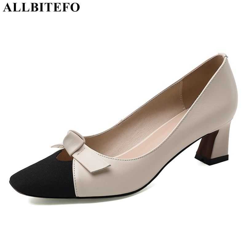 

ALLBITEFO full genuine leather brand high heels office ladies shoes sweet bowtie women high heel shoes party women heels 210611, As picture