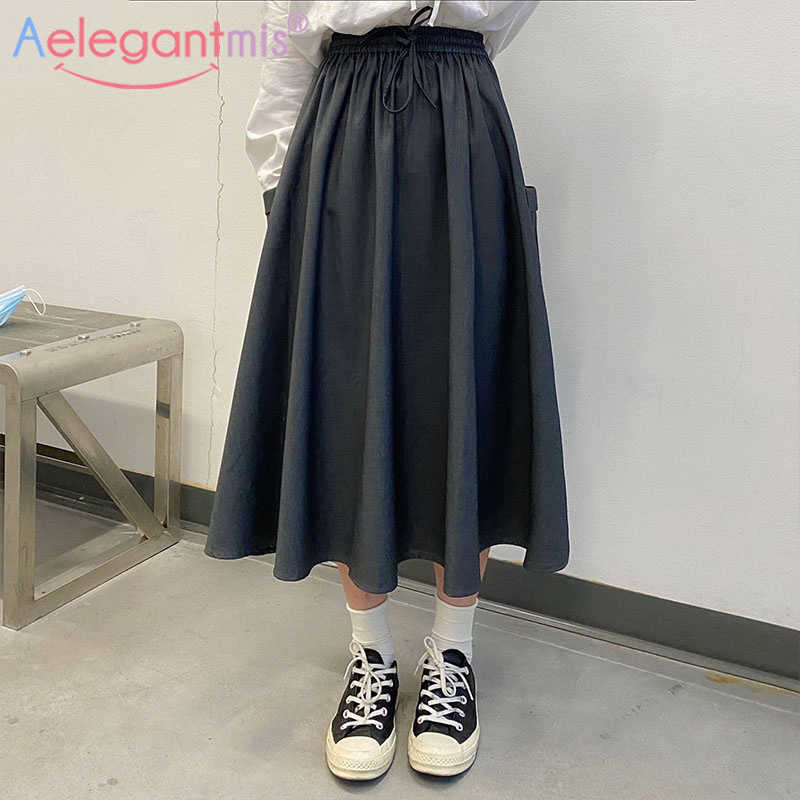 

Aelegantmis Preppy Style Pockets Women Vintage Korean Solid Pleated Skirt Midi Spring Loose Elatic Female 210607, Gray