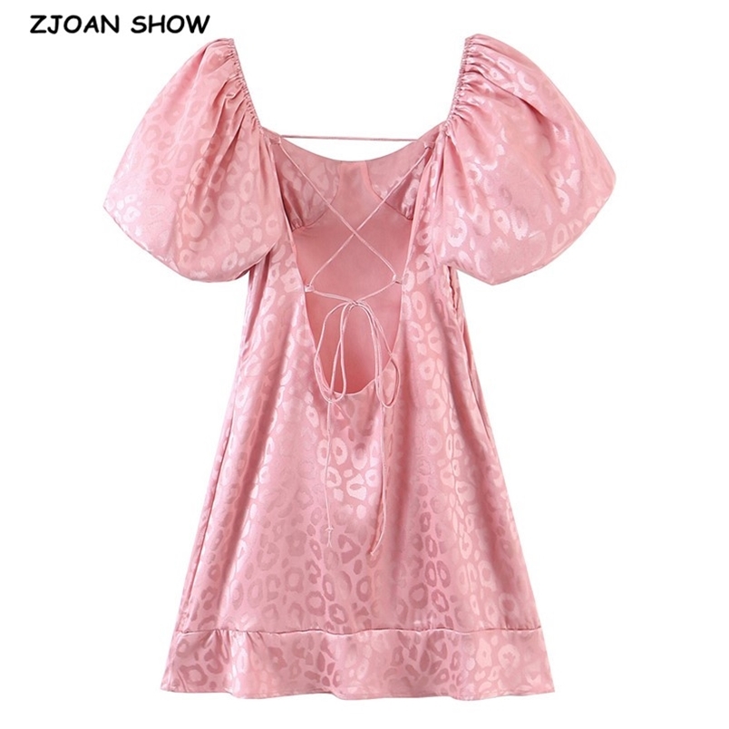 

Retro Women Jacquard Leopard Pink Satin Mini Dress Sexy Elastic Short Lantern sleeve Cross Lacing up Back Backless Party Dresses 210429