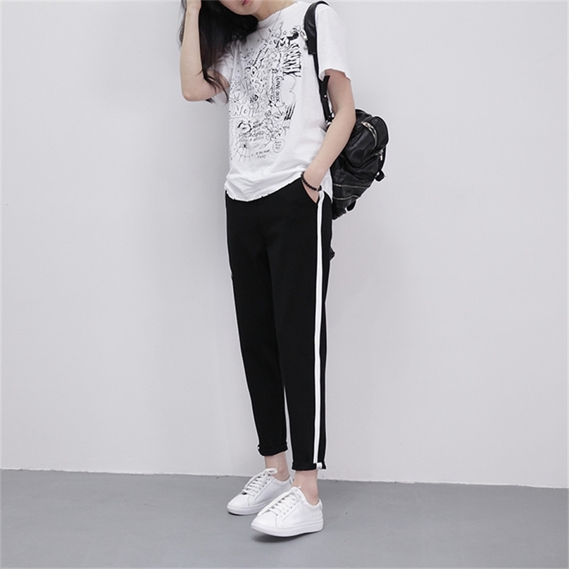 

Top Fashion Women Leather Striped Harem Pants Black Casual High Waist Drawstring Loose Trousers Pantalon Femme 210607