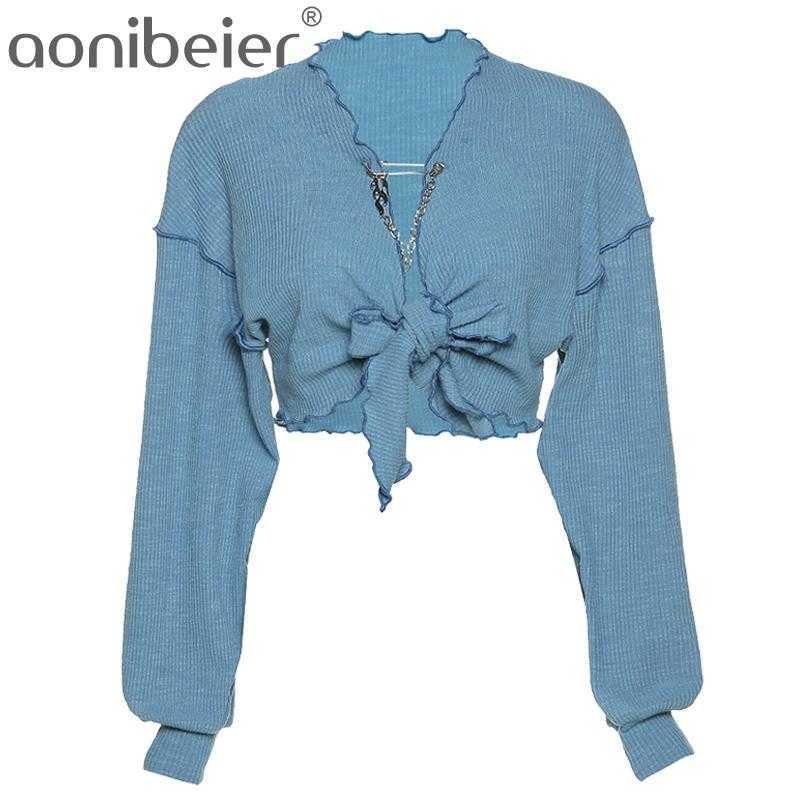 

Spring Fashion Long Sleeve Knitted Cardigans Lettuce Trim Drop Shoulder Women Sweaters Lace-Up Crop Tops with Brooch 210604, Blue