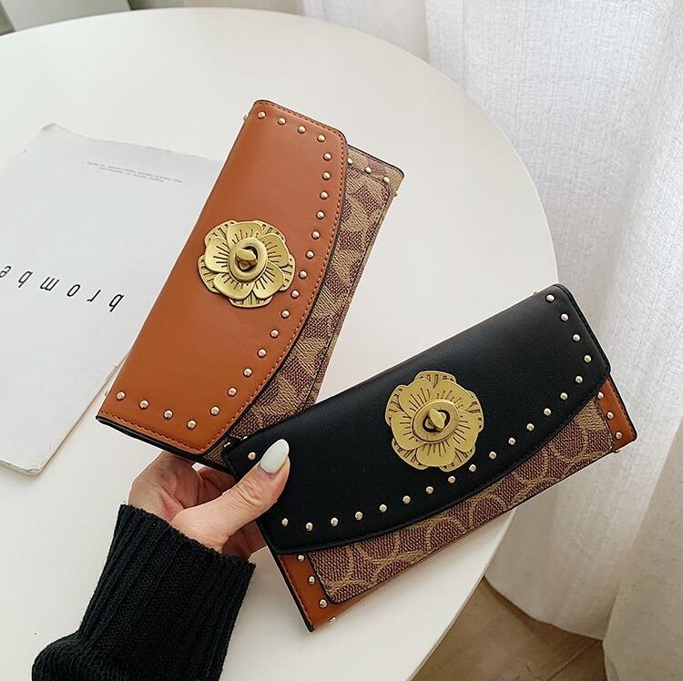 

Factory wholesale women handbag fashion printed long wallet punk metal personality chain bag folding rivets color matching leather womens wallets, Brown2