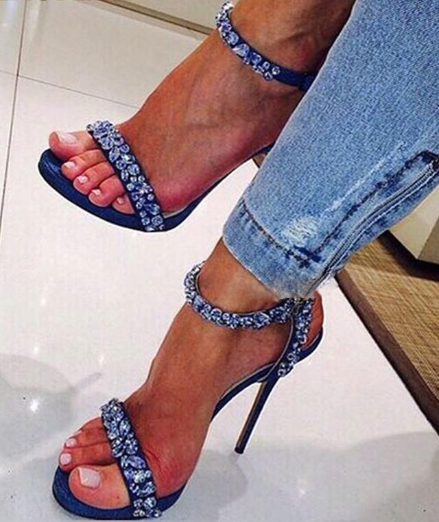 

Sandals Sexy Blue Denim Thin High Heel Crystal Golden Single Strap Open Toe Bling Rhinestone Pumps Wedding Shoes