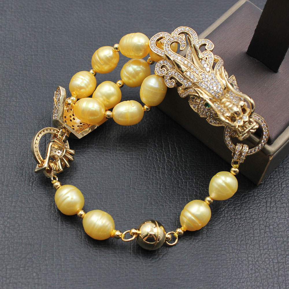 

GuaiGuai Jewelry Natural Golden Rice Pearl Bracelet Dragon CZ Pave Connector Bangle Handmade For Women