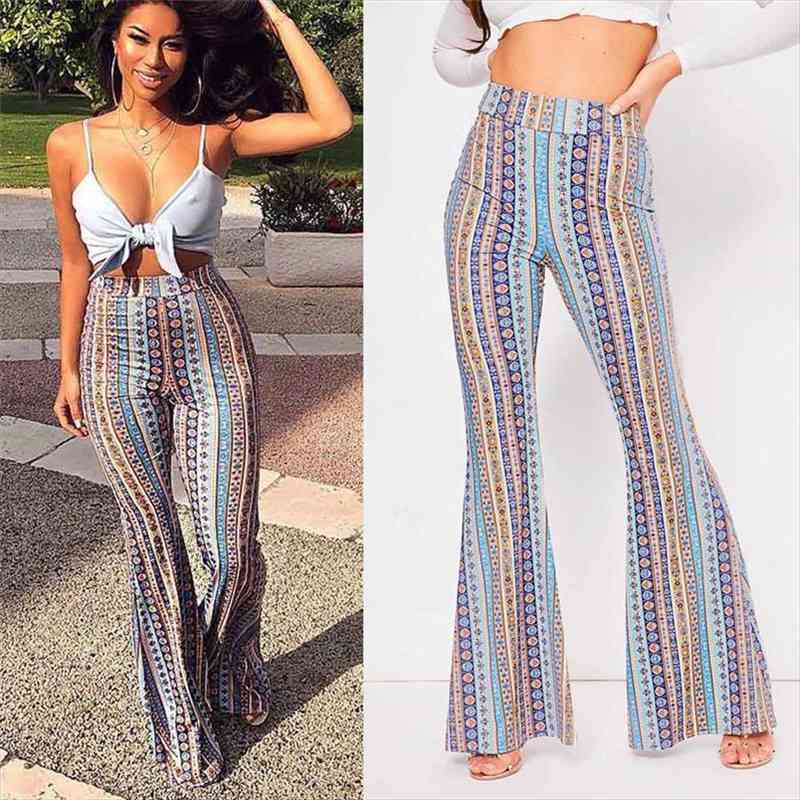 

Women Striped Printed Boho Flare Pants High Elastic Waist Vintage Soft Stretch Ethnic Style Bell Bottom Hippie Pants, Black;white