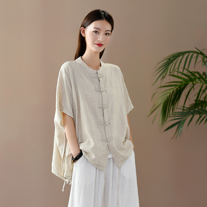 

Johnature Loose Leisure Stand Half Sleeve Single Breasted All-match Drawstring Shirt Summer Cotton Linen Women Tops 210521, Beige