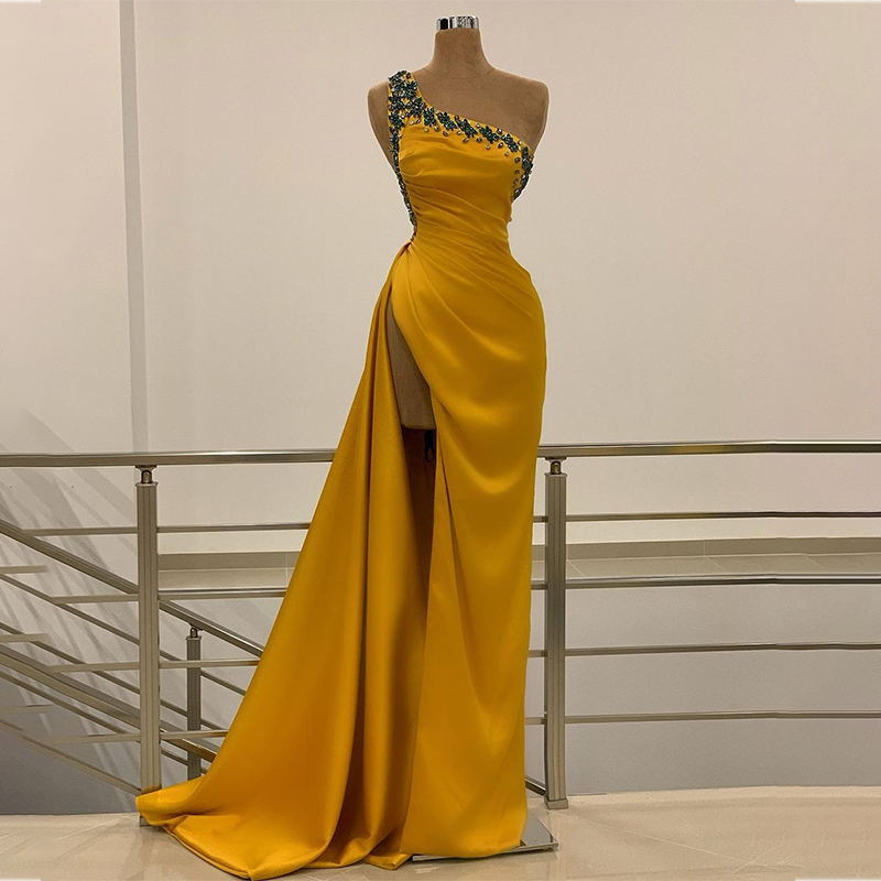 

Sexy Women Evening Gowns One Shoulder Crystal Satin Mermaid Prom Dress with High Split Backless Red Carpet Dresses, Lavender