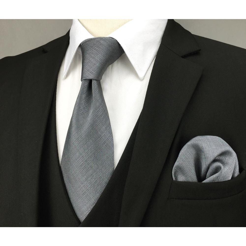 

Gray Solid Silk Mens Necktie Set Fashion Wedding Acceossories Hanky Brand New Extra Long Size Ties for Male