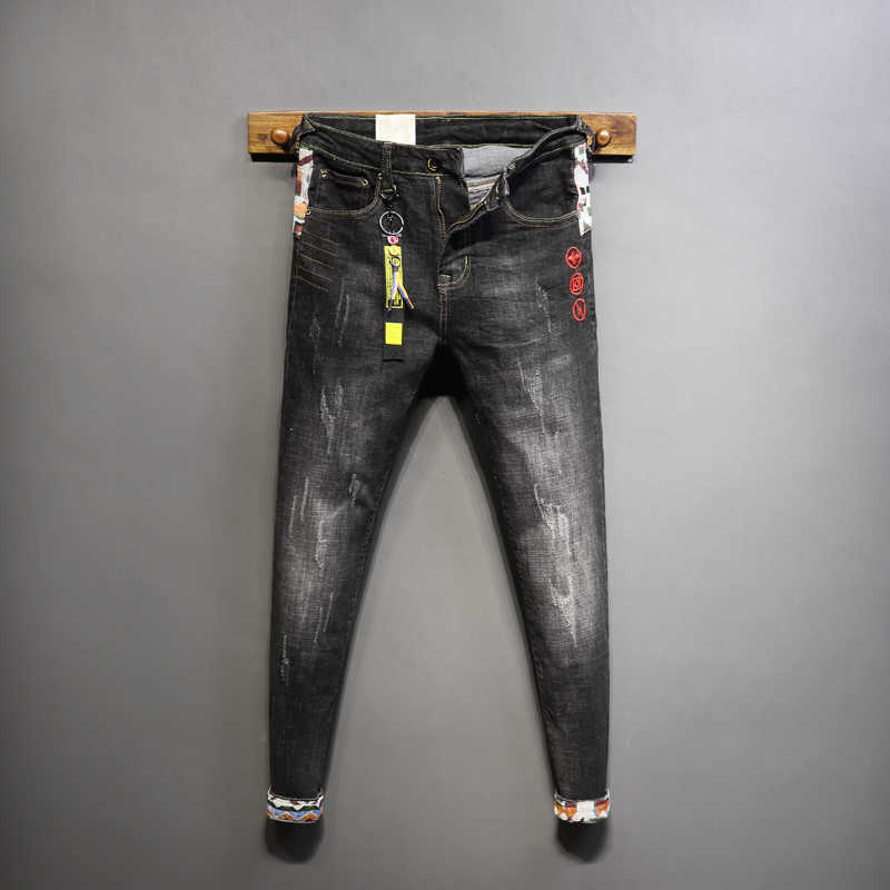 

Streetwear Fashion Men Jeans Elastic Slim Fit Ripped Embroidery Patchwork Designer Hip Hop Denim Punk Pants 7NJH, Black