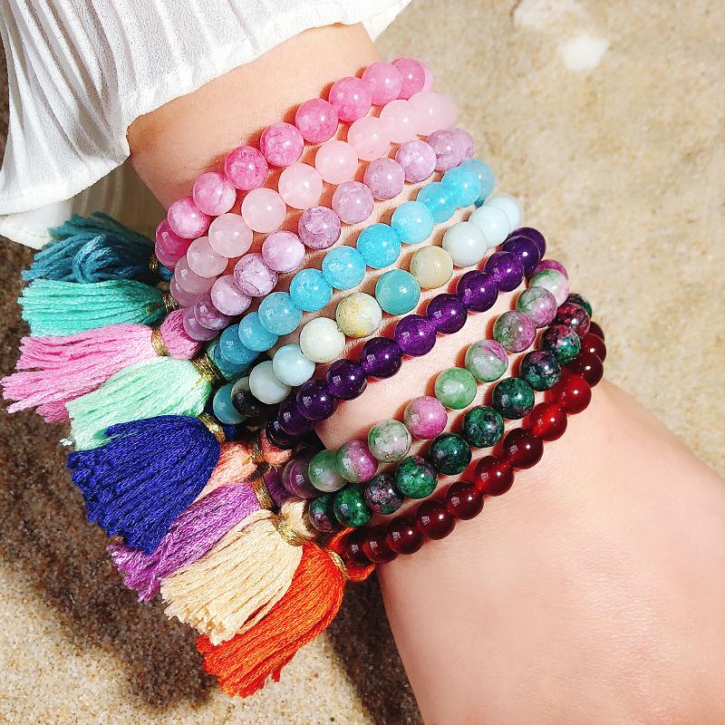 

Bangle Bohemia Crystal Beaded Bracelets Multicolor Natural Rhodochrosite Stone Gem Tassel Charm Bangles Women Fashion Party Jewelry