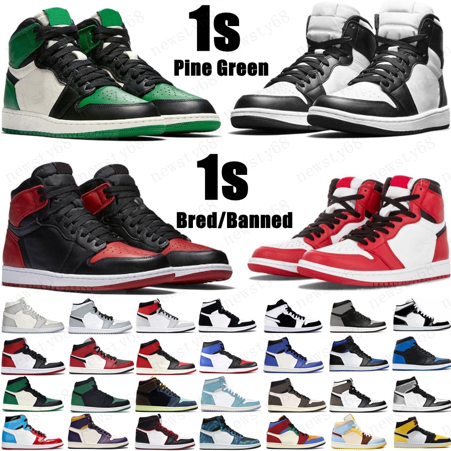 

New 1 high OG basketball shoes 1s Royal black Toe pine green black court purple white UNC Patent men women stylist sneakers trainers, Box