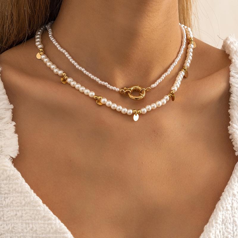 Chokers 2Pcs/set Vintage Imitate Pearl Chains Lock Necklaces Fashion Geometric Round Pendant For Women Trendy Jewelry Gifts-image-700793435