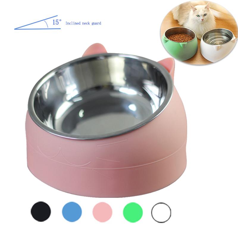 

Cat Bowls & Feeders Stainless Steel Bowl 15 Degree Tilted Neck Safeguard Dog Food Non Slip Puppy Base Drinking Feeder Supplies