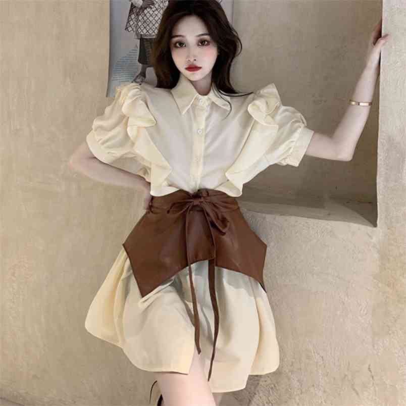 

Fashion Women Shirt Dress Summer Korean Short Sleeve Lady Chic Ruffles Mini Dresses Vestidos With Belt 210519, Photo color