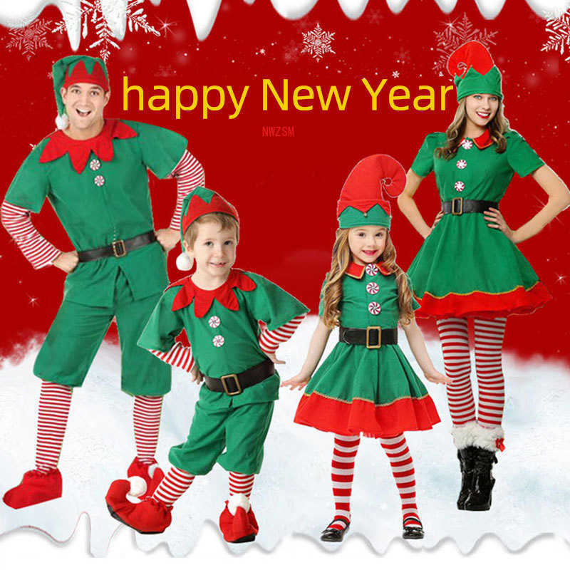 

Men Women Girls Boys Christmas Santa Claus Costume Green Elf Cosplay Family Christmas Party New Year Fancy Dress Clothes Set For Q0821