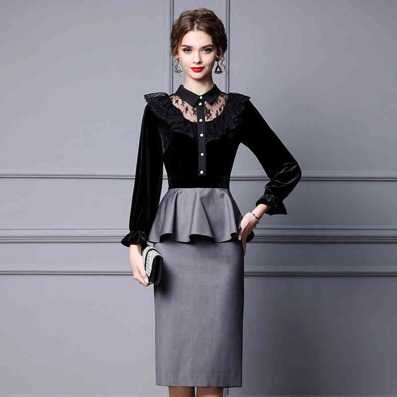 

Casual Dresses Zhili autumn dress temperament Lapel lace golden velvet splicing fake two long sleeved skirts GM15, Black