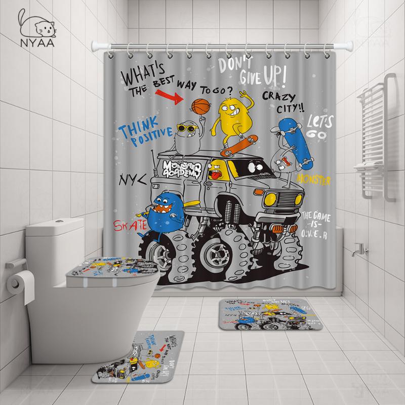 

Retro Old Motorcycle Flannel Non-Slip Bath Mat Toilet Cover Rugs Shower Curtain With 12 Hooks Bathroom Decor Set Accessory